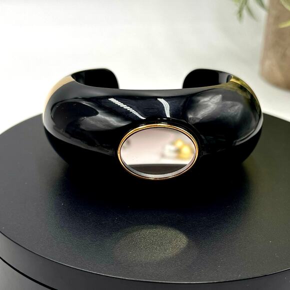 Aurélie Bidermann Designer Black Enamel Oval Mirror Gold Plated Cuff Bracelet - Picture 1 of 8